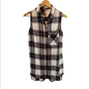 GARAGE Plaid Cream&Red Sleeveless Collared Button Up Side Slit Tunic Top S